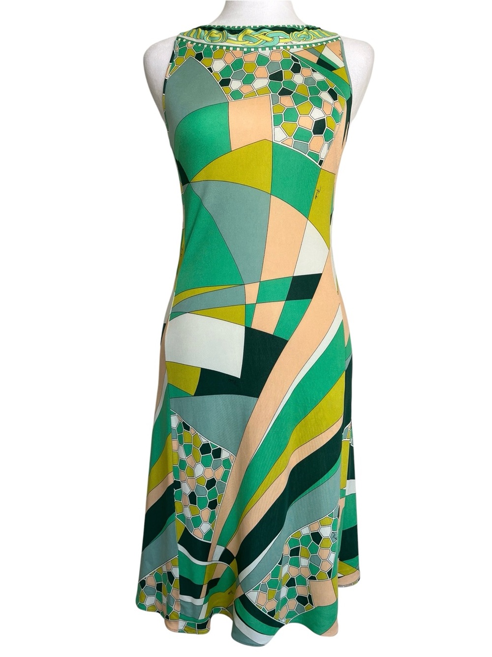 Vintage Emilio Pucci Green Peach Sleeveless Silk Mosaic Print Mini Dress 40 6
